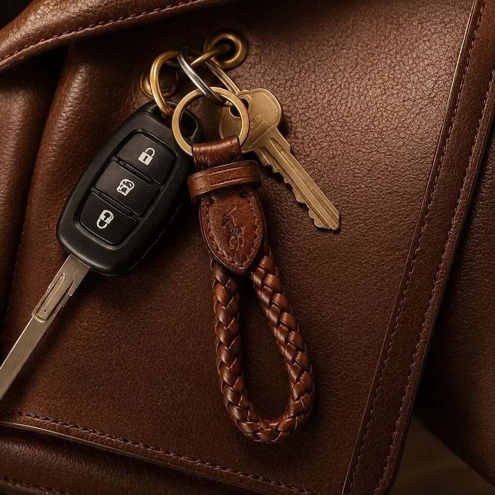 Polo Ralph Lauren Braided Genuine Leather Key Chain Brown Brass Ring NWT Pony
